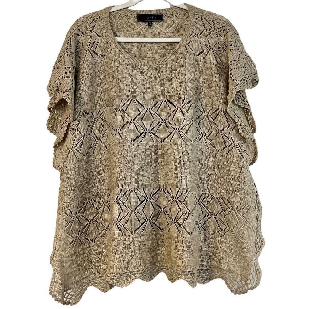 Lumiere Women’s Tan Knit Crochet Poncho Blouse One Size